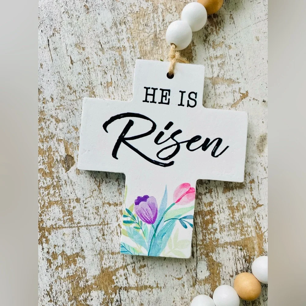 *He Is Risen Wooden Bead Garland w/Cross